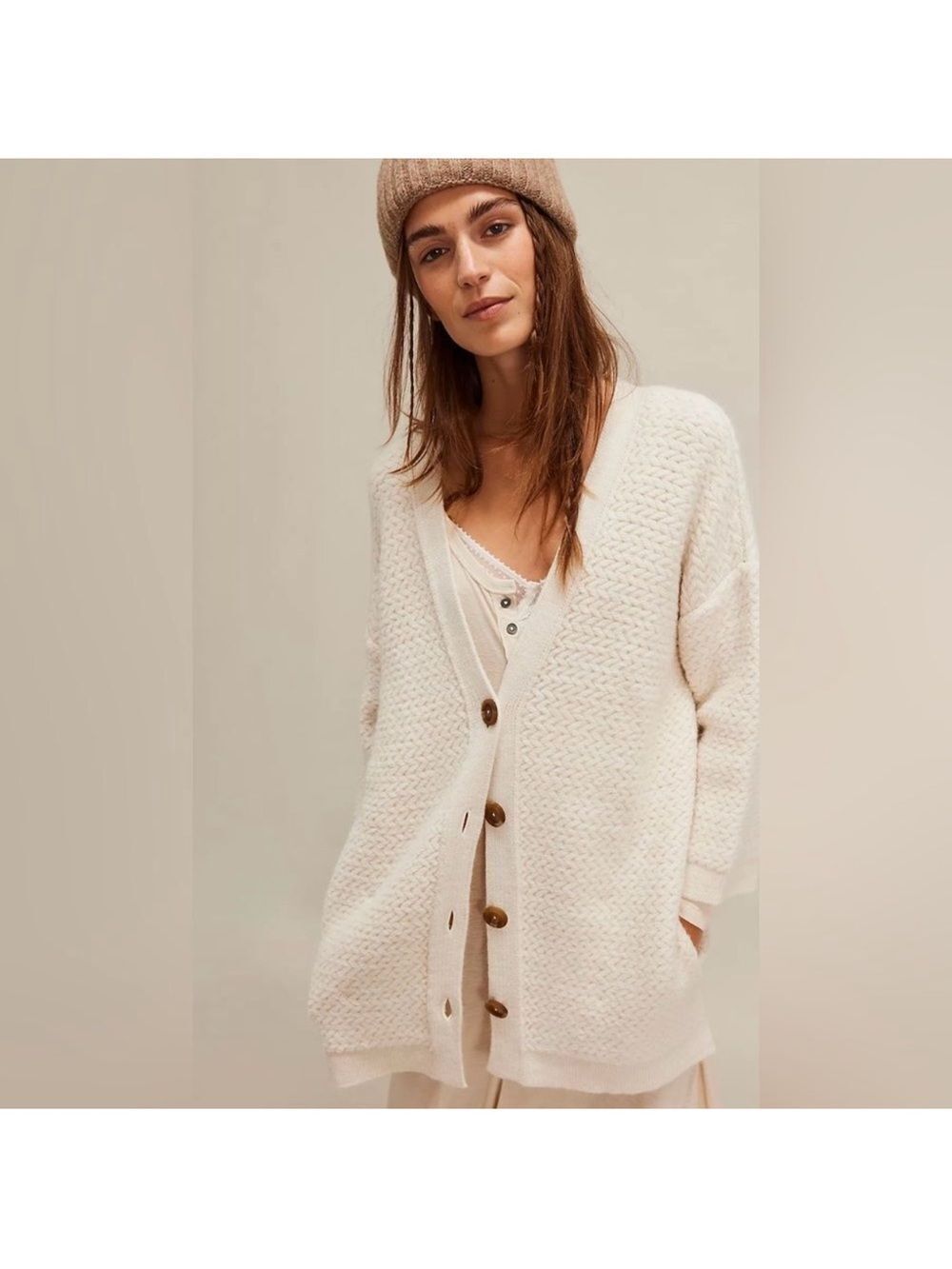 free people M Ivory Herringbone Stitch Pattern Kimono Cardigan Sweater
